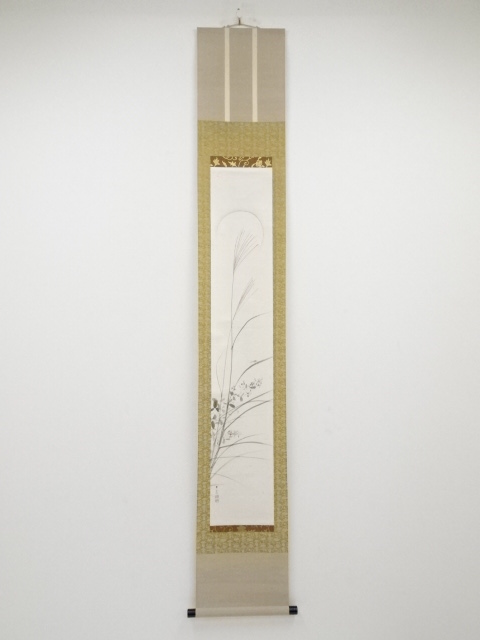 JAPANESE HANGING SCROLL / HAND PAINTED / MOON & SUSUKI GRASS